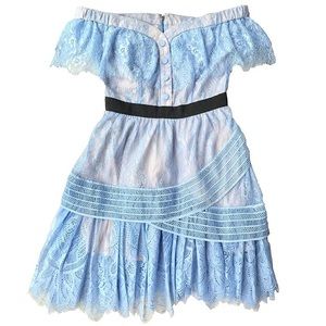 Off Shoulder Fine Lace Mini Dress Blue